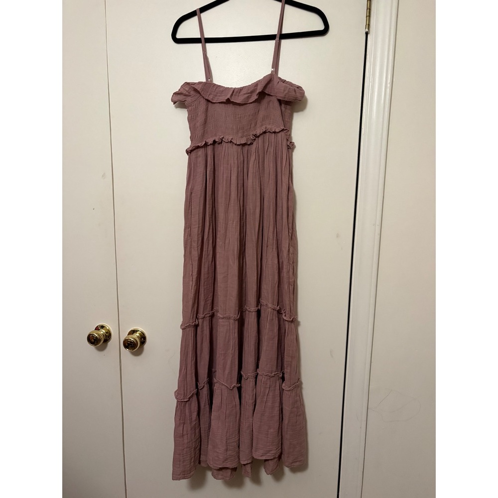 Zara Smocked Tiered Gauze Maxi Dress Mauve Rose Cotton Small - Picture 4 of 7